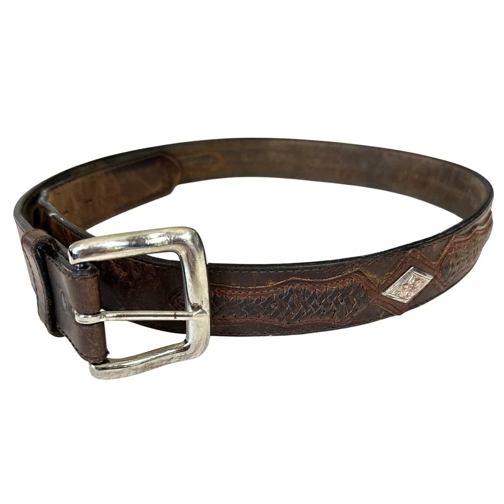 VTG Resistol‎ Brown Leather Western Woven Concho Belt 38 95 Cowboy Boho Rugged